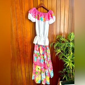 Traditional Jíbara Caribbean Dress – Two-Piece Floral Set, Size Large